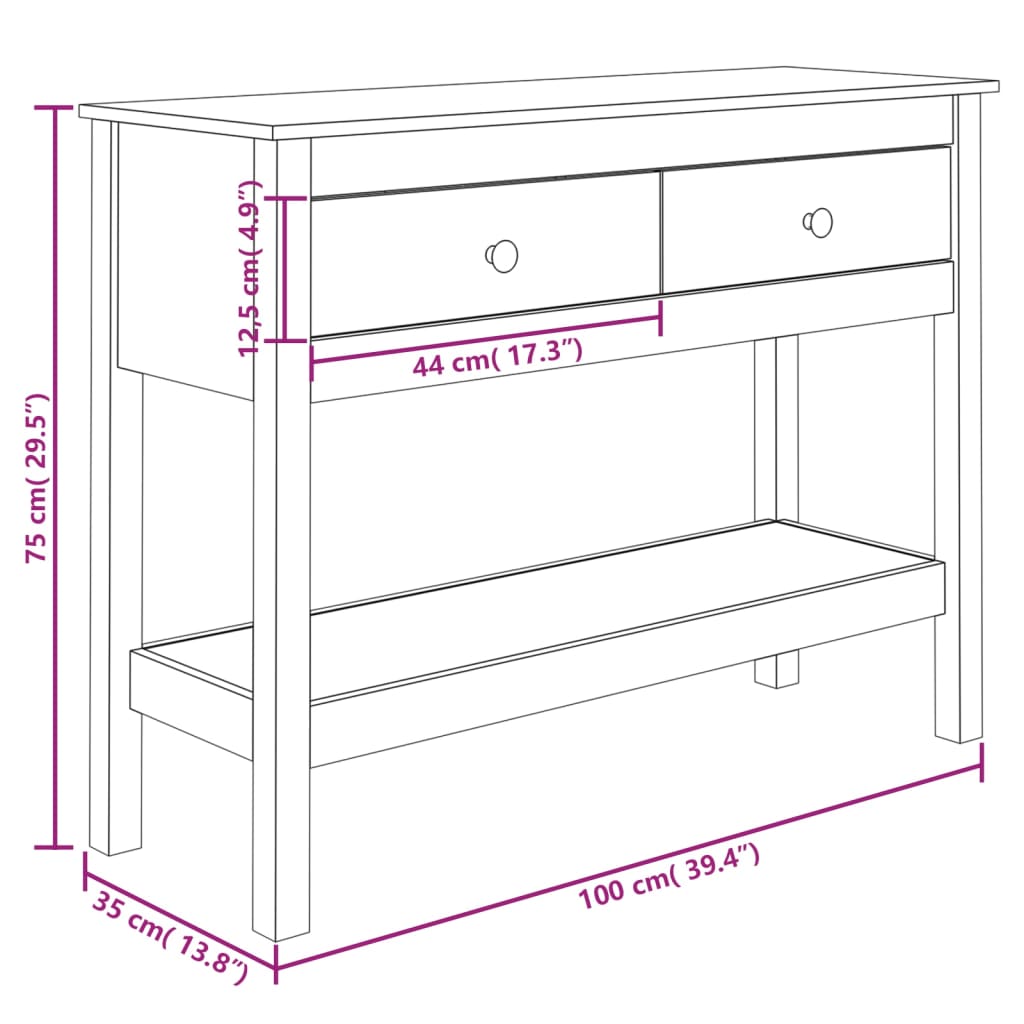 vidaXL konsoles galdiņš, balts, 100x35x75 cm, priedes masīvkoks