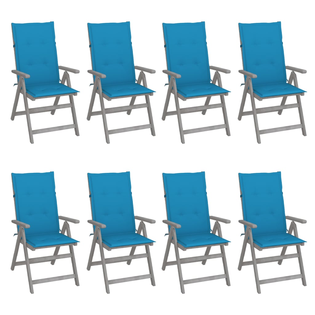 vidaXL atgāžami dārza krēsli ar matračiem, 8 gab., pelēki, akācija
