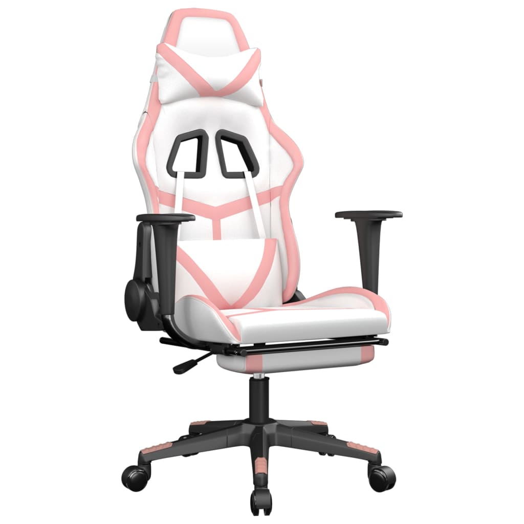 vidaXL datorspēļu krēsls ar kāju balstu, balta un rozā mākslīgā āda