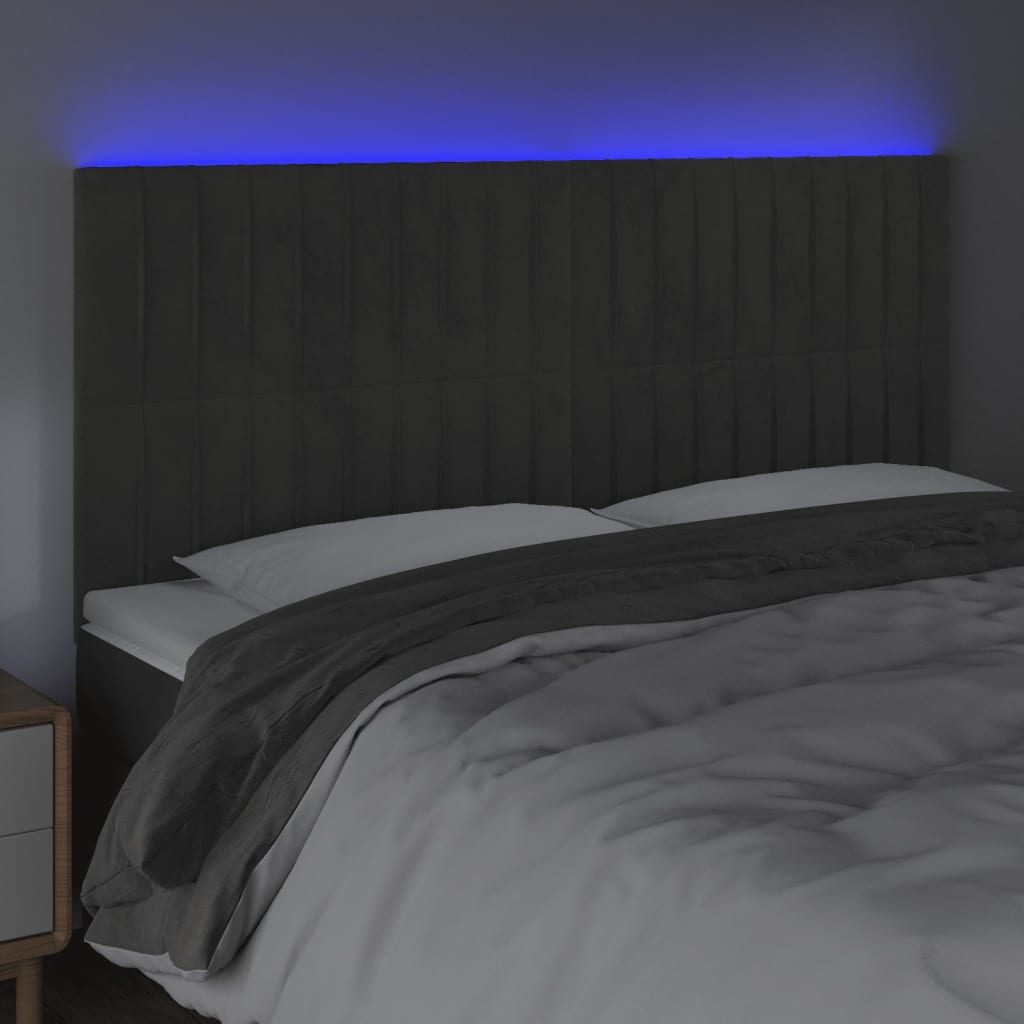 vidaXL gultas galvgalis ar LED, 200x5x118/128 cm, tumši pelēks samts