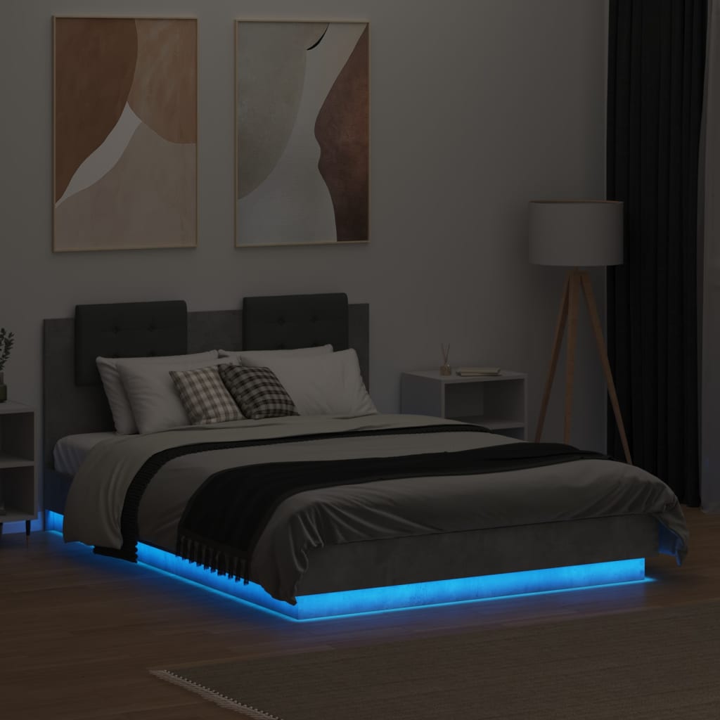 vidaXL gultas rāmis ar galvgali un LED, betona pelēks, 135x190 cm