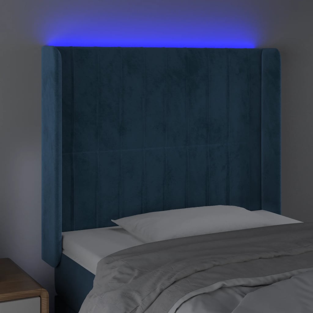 vidaXL gultas galvgalis ar LED, 93x16x118/128 cm, tumši zils samts