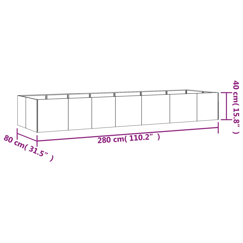 vidaXL augstā dārza puķu kaste, 280x80x40 cm, tērauds ar rūsas efektu