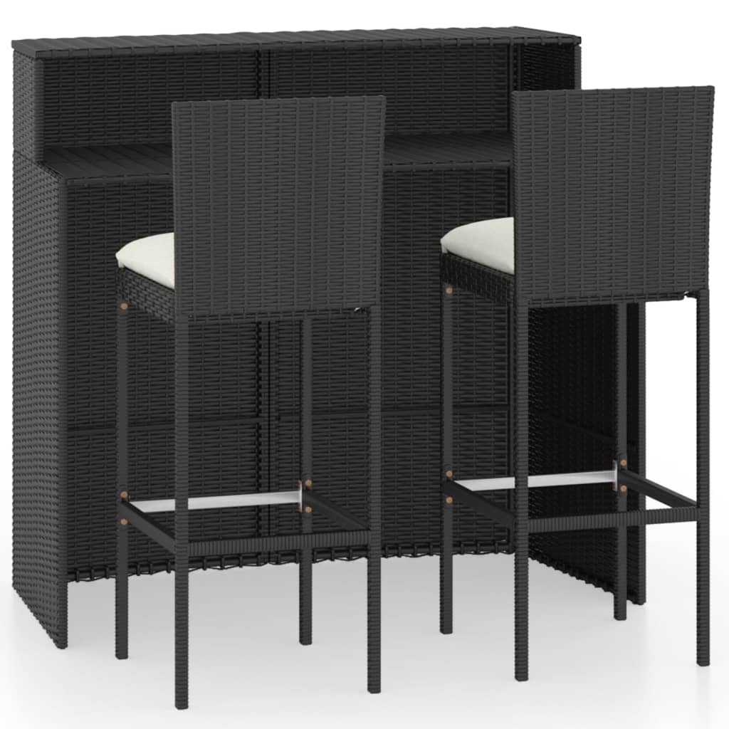 vidaXL 3-daļīgs dārza bāra mēbeļu komplekts ar matračiem, melns