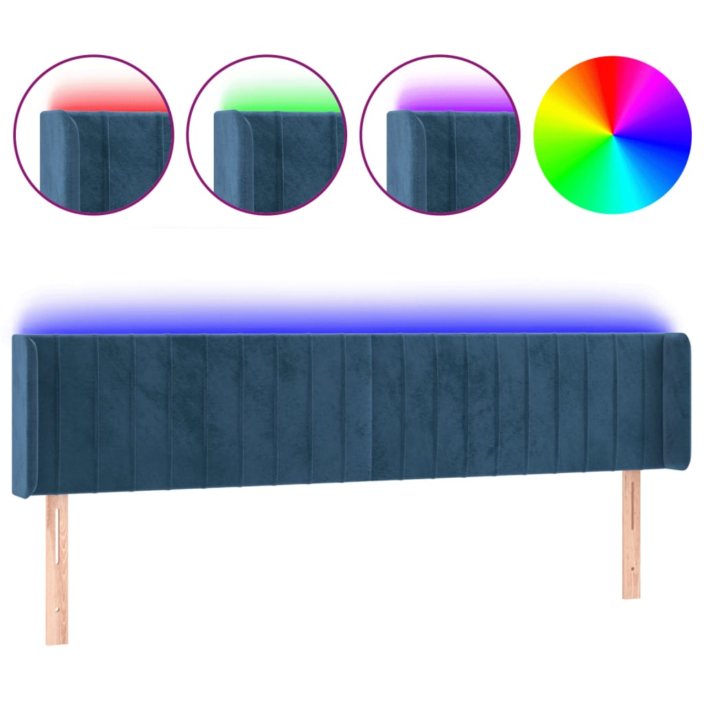 vidaXL gultas galvgalis ar LED, 183x16x78/88 cm, tumši zils samts