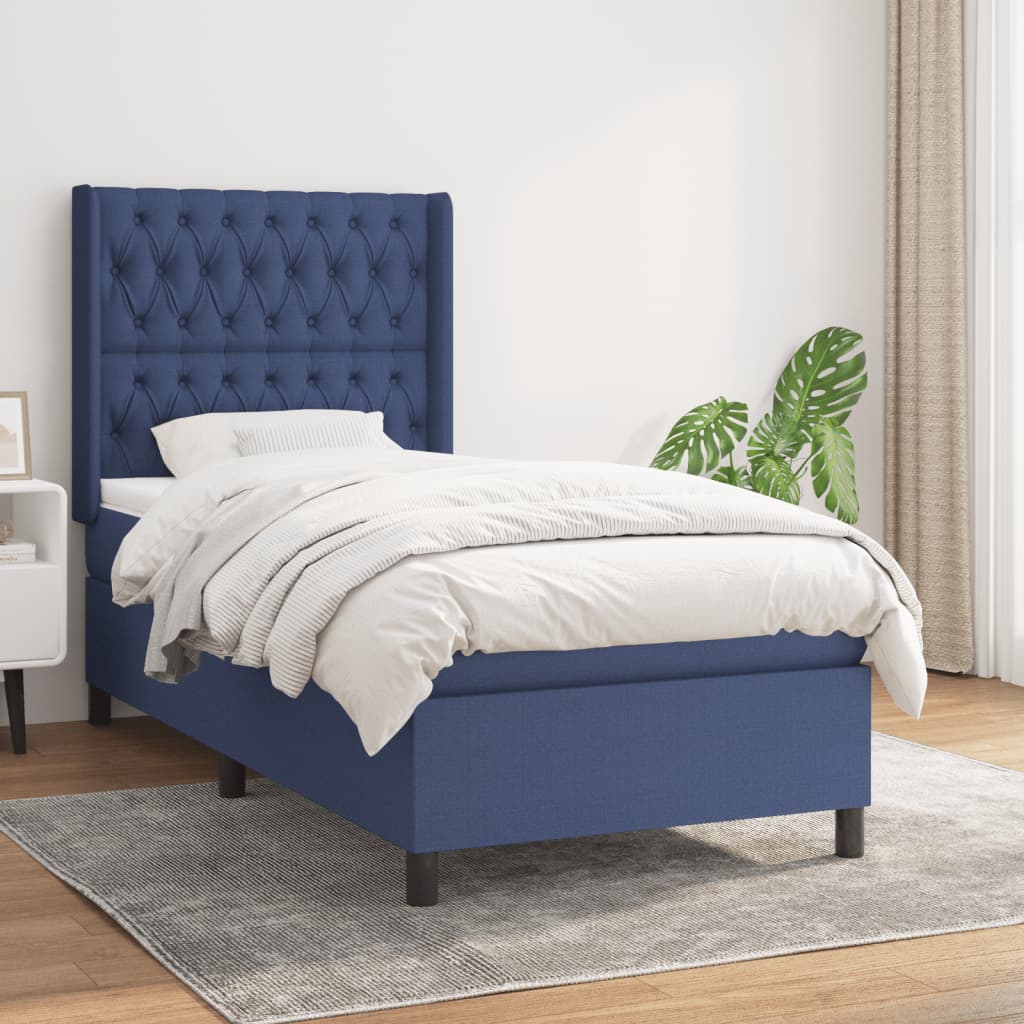 vidaXL atsperu gultas rāmis ar matraci, zils, 90x190 cm, audums