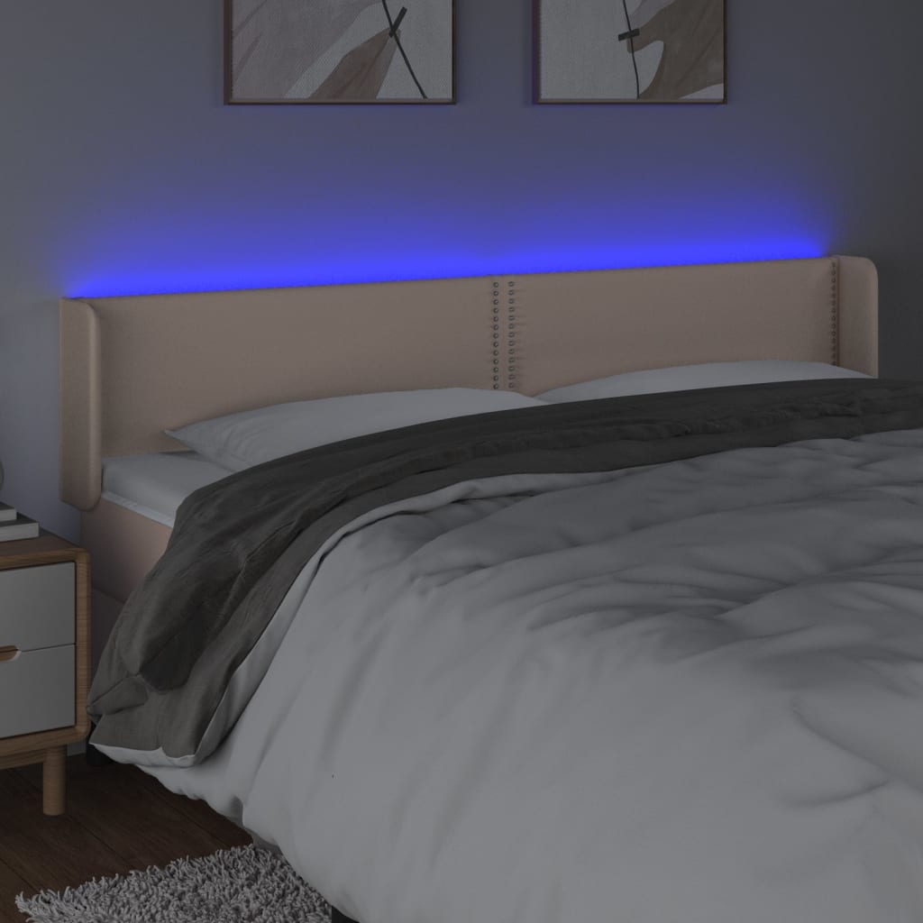 vidaXL gultas galvgalis ar LED, 183x16x78/88 cm, kapučīno mākslīgā āda