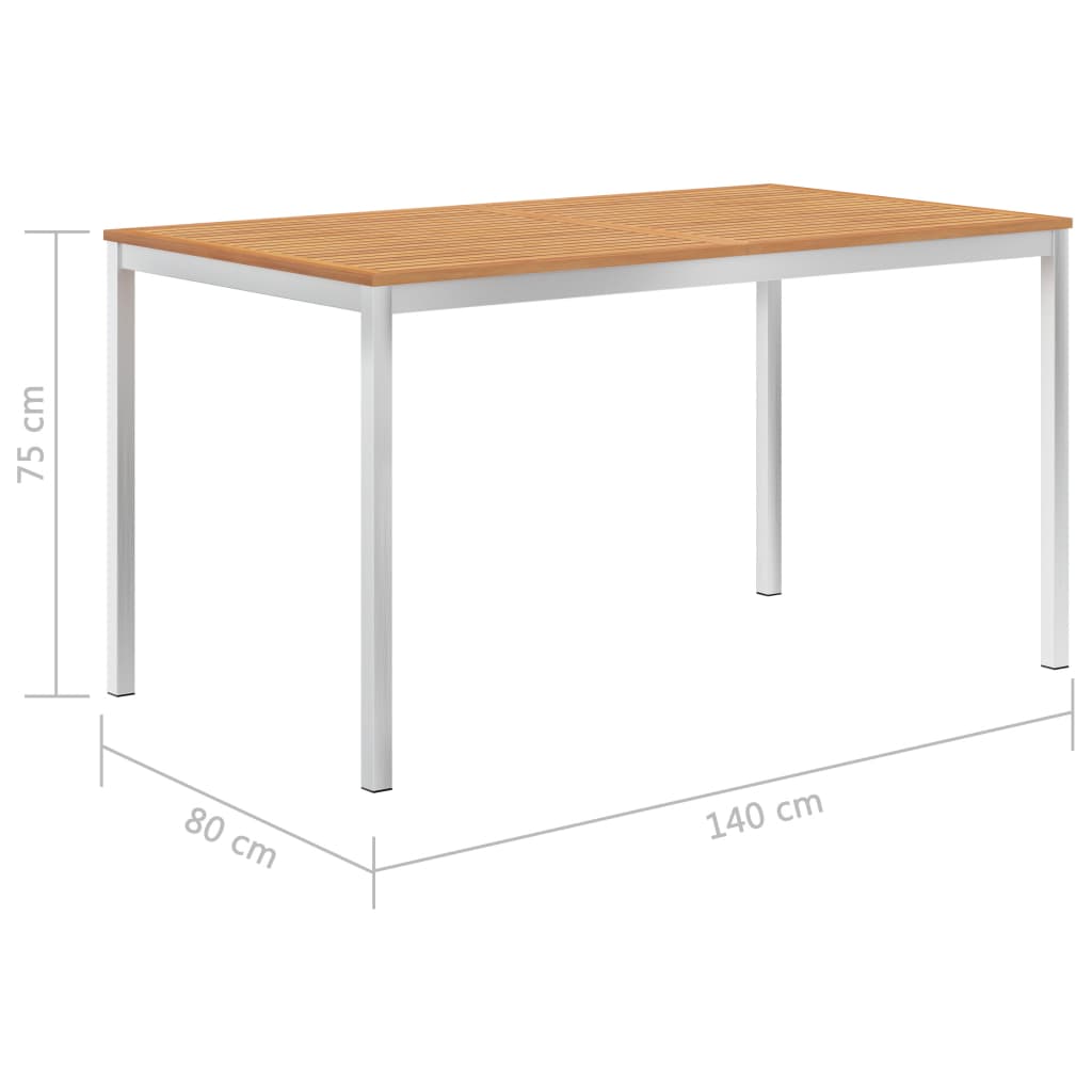 vidaXL dārza galds, 140x80x75 cm, masīvs tīkkoks, nerūsējošs tērauds
