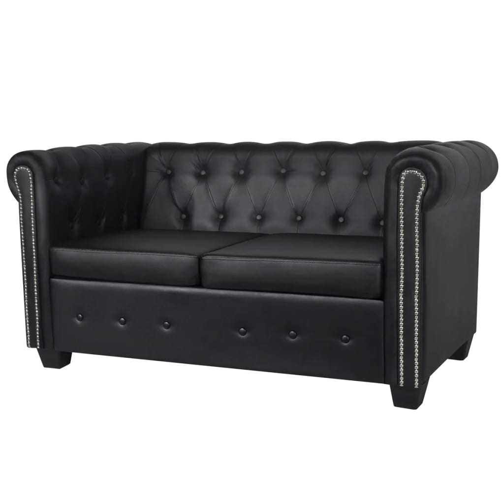 vidaXL Chesterfield dīvāns, divvietīgs, melna mākslīgā āda