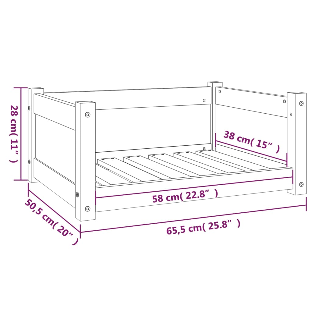 vidaXL suņu gulta, balta, 65,5x50,5x28 cm, priedes masīvkoks