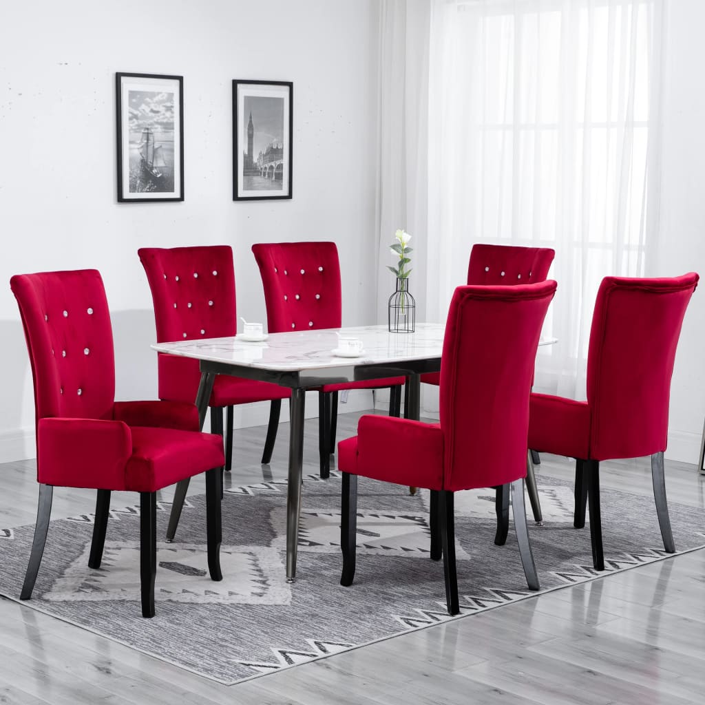 vidaXL virtuves krēsli ar roku balstiem, 6 gab., sarkans samts
