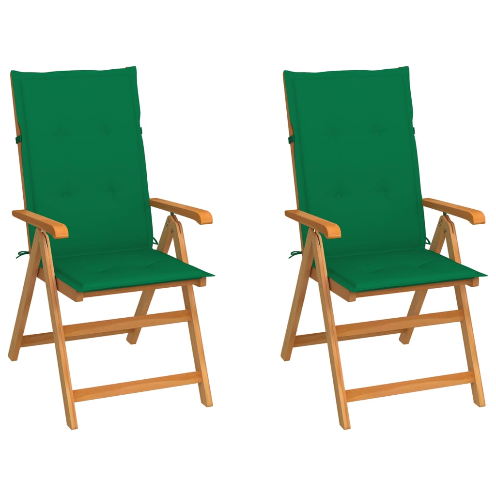 vidaXL dārza krēsli, 2 gab., zaļi matrači, masīvs tīkkoks