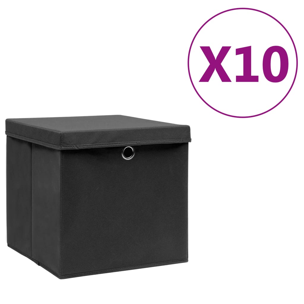 vidaXL uzglabāšanas kastes ar vāku, 10 gab., melnas, 28x28x28 cm