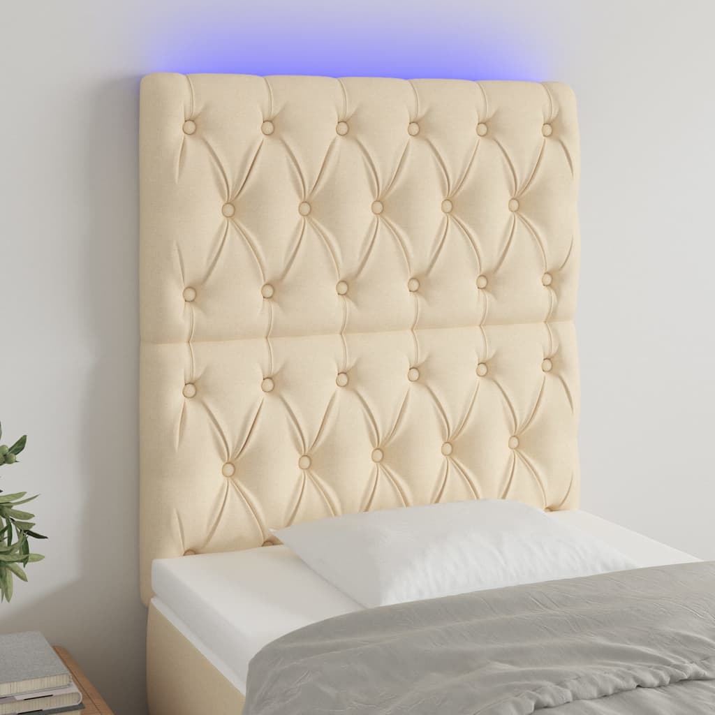 vidaXL gultas galvgalis ar LED, 80x7x118/128 cm, krēmkrāsas audums