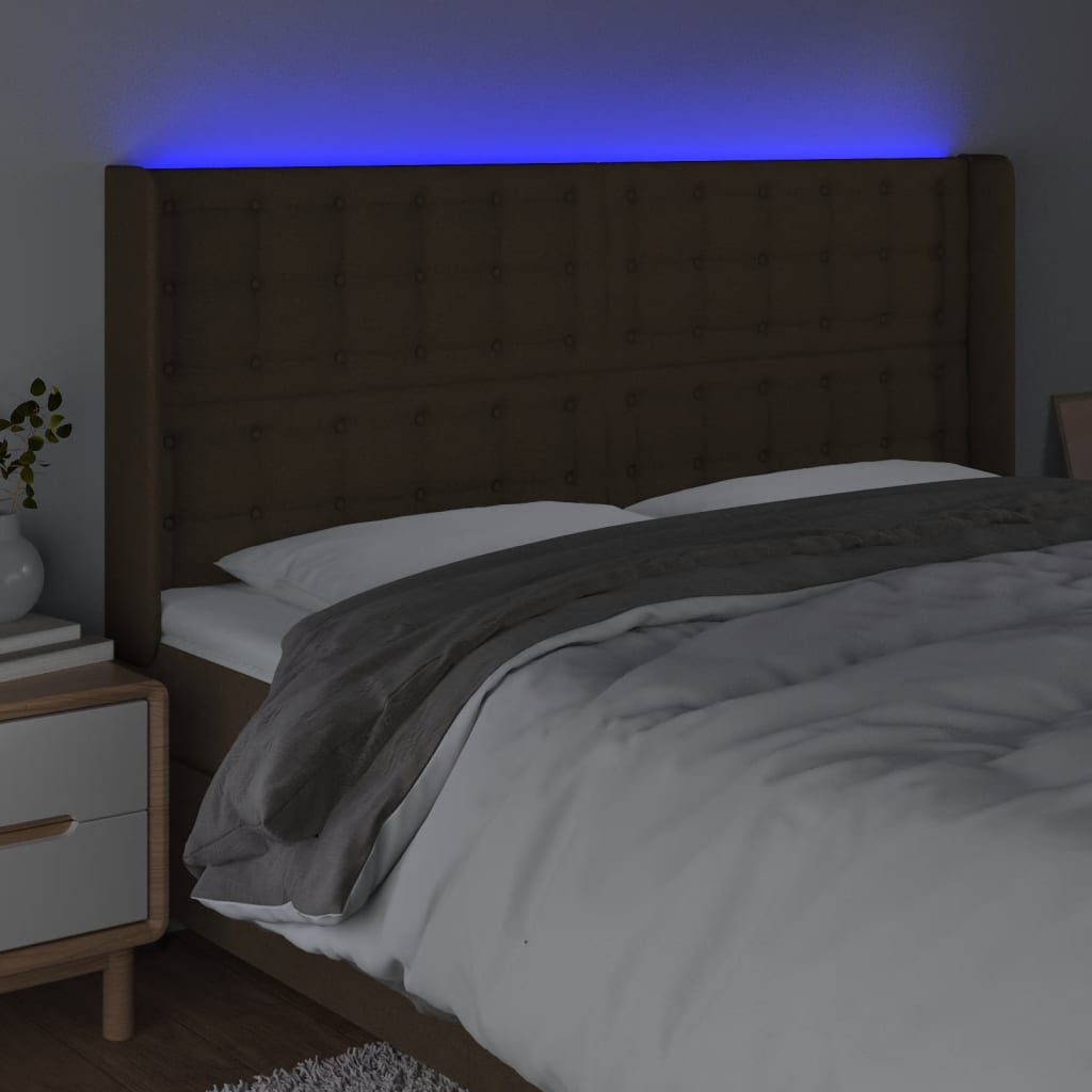 vidaXL gultas galvgalis ar LED, 203x16x118/128 cm, tumši brūns audums