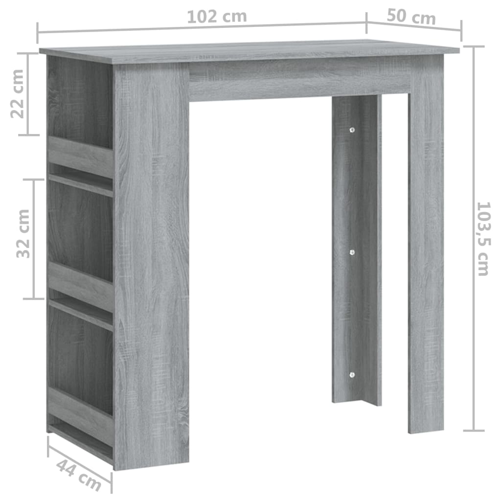 vidaXL bāra galds ar plauktu, pelēcīgs, 102x50x103,5 cm, skaidu plātne
