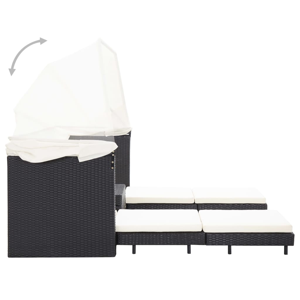 vidaXL izvelkams dīvāns ar jumtu, trīsvietīgs, melna PE rotangpalma