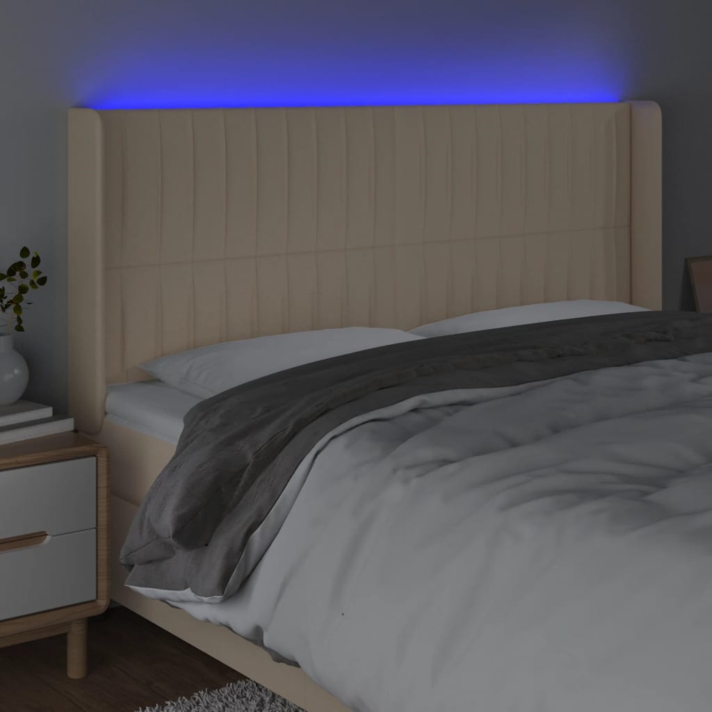 vidaXL gultas galvgalis ar LED, 183x16x118/128 cm, krēmkrāsas audums