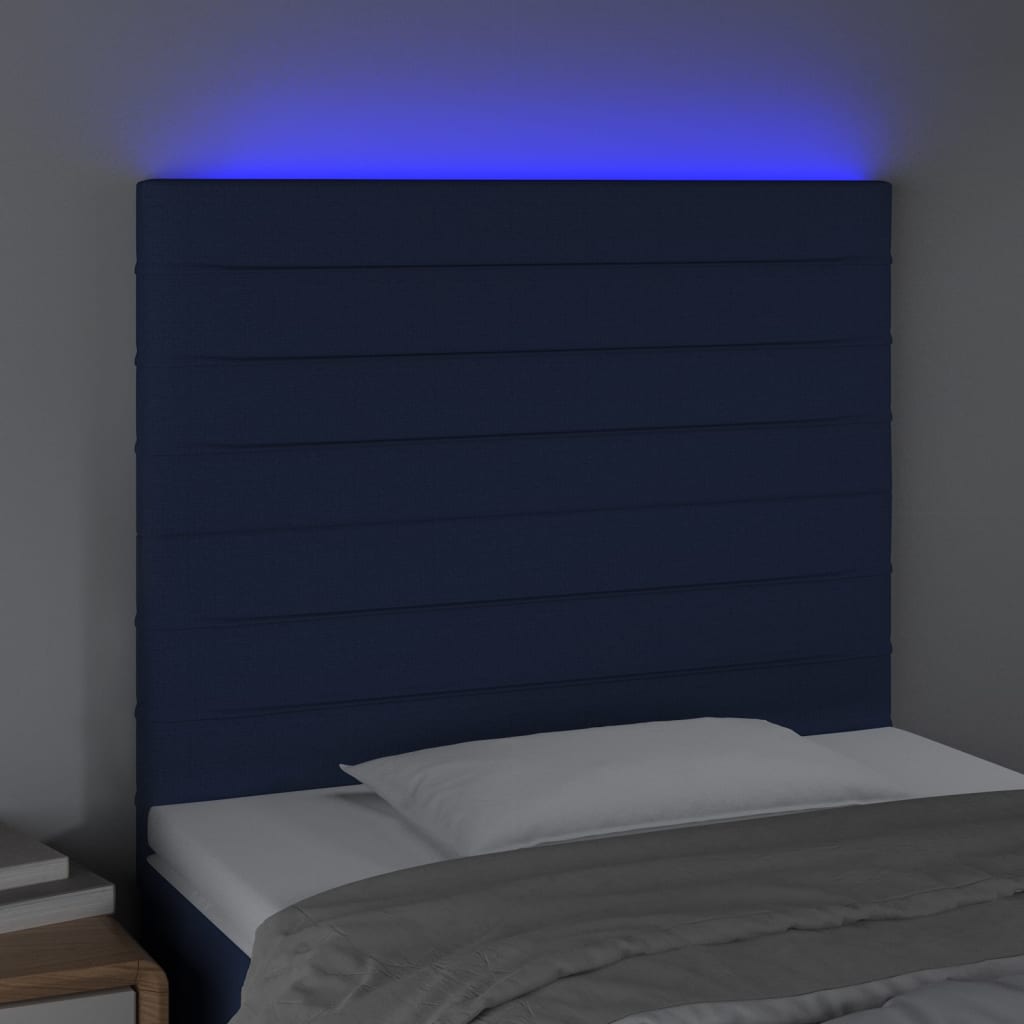 vidaXL gultas galvgalis ar LED, 80x5x118/128 cm, zils audums