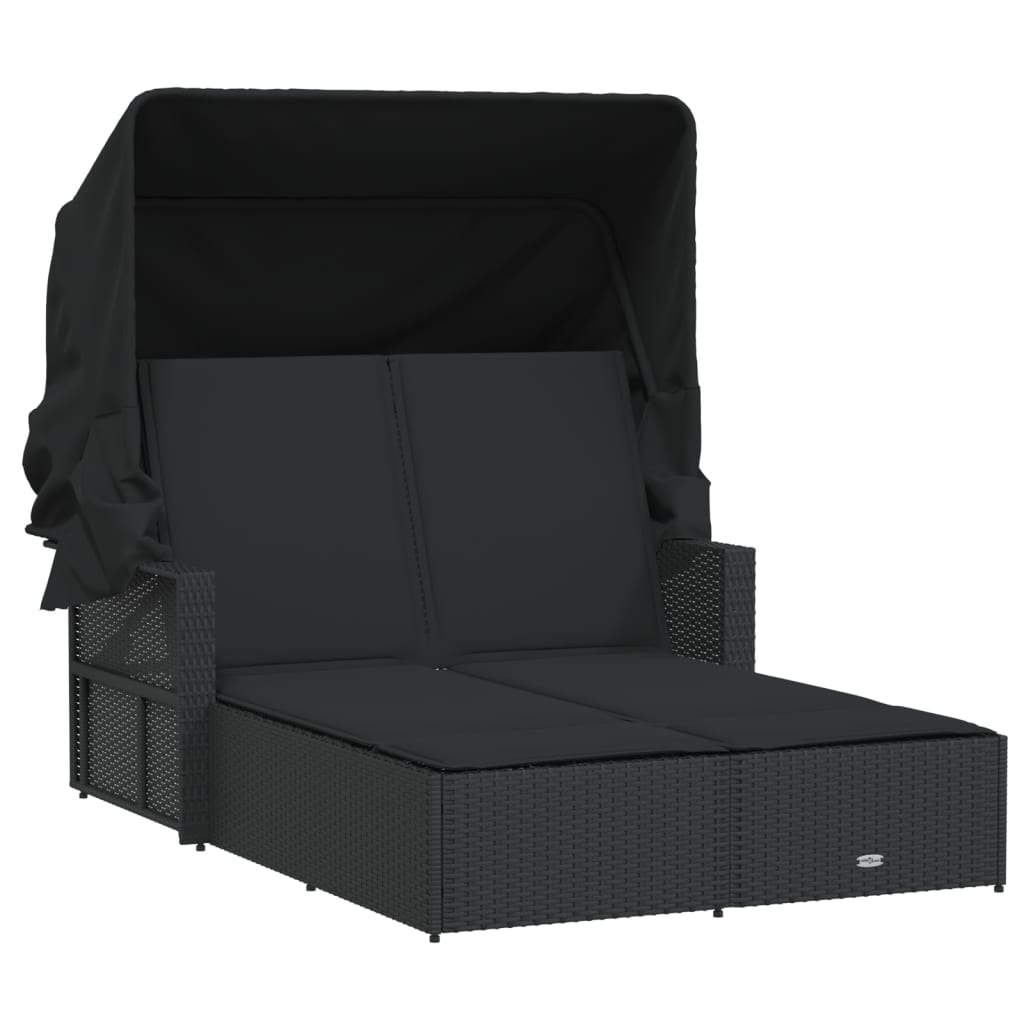 vidaXL divvietīgs sauļošanās krēsls ar jumtiņu, melna PE rotangpalma
