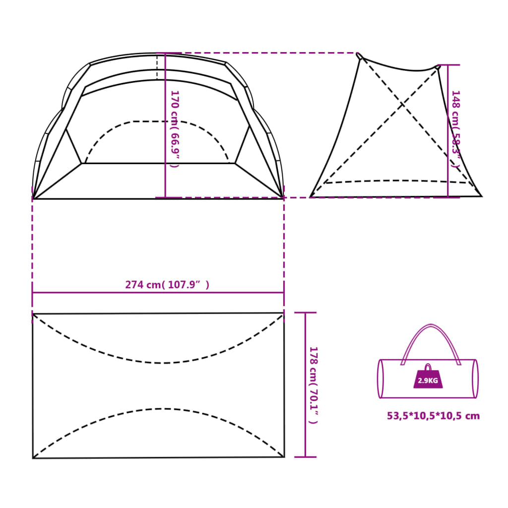 vidaXL pludmales telts, pelēka, 274x178x170/148 cm, 185T poliesters