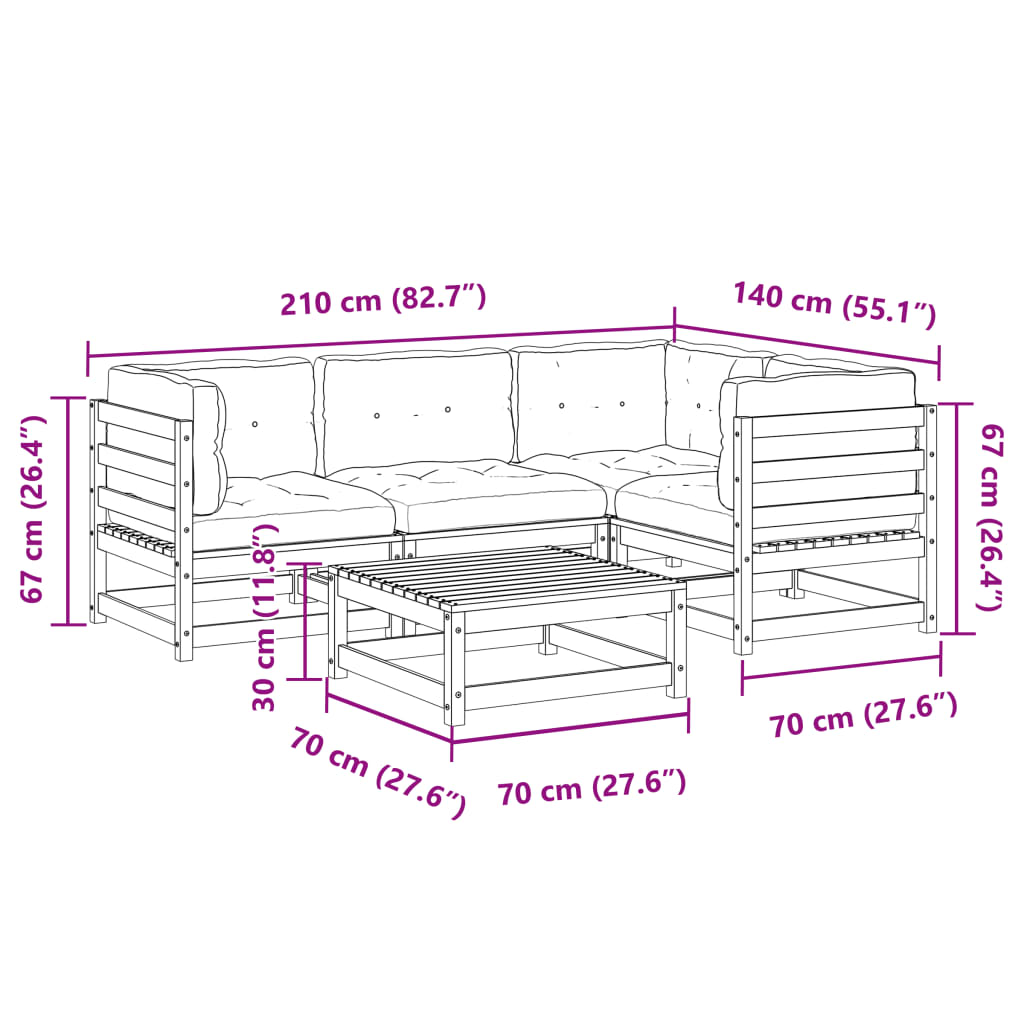 vidaXL 5-daļīgs dārza dīvānu komplekts, matrači, priede