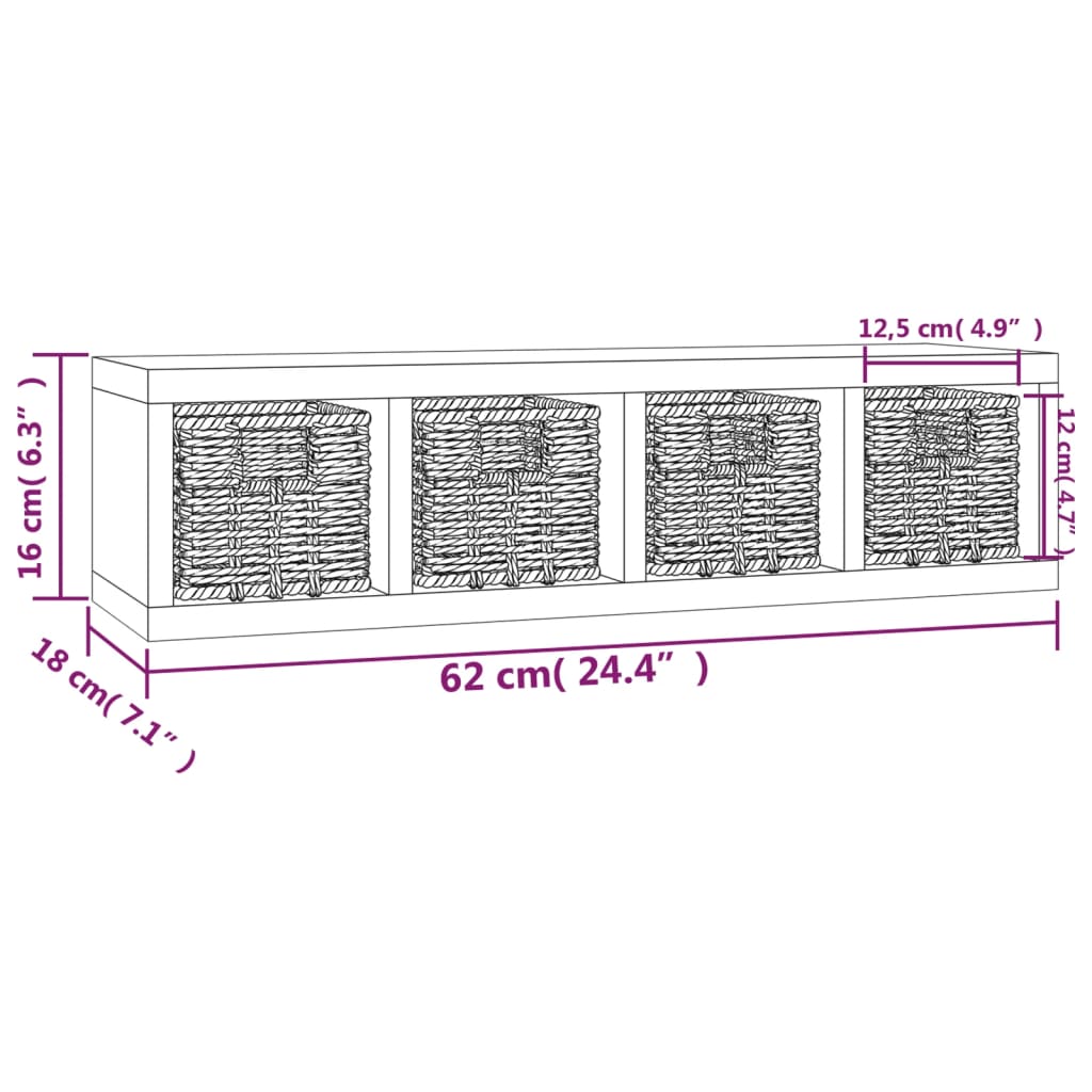 vidaXL sienas plaukts ar groziem, 62x18x16 cm, valrieksta masīvkoks
