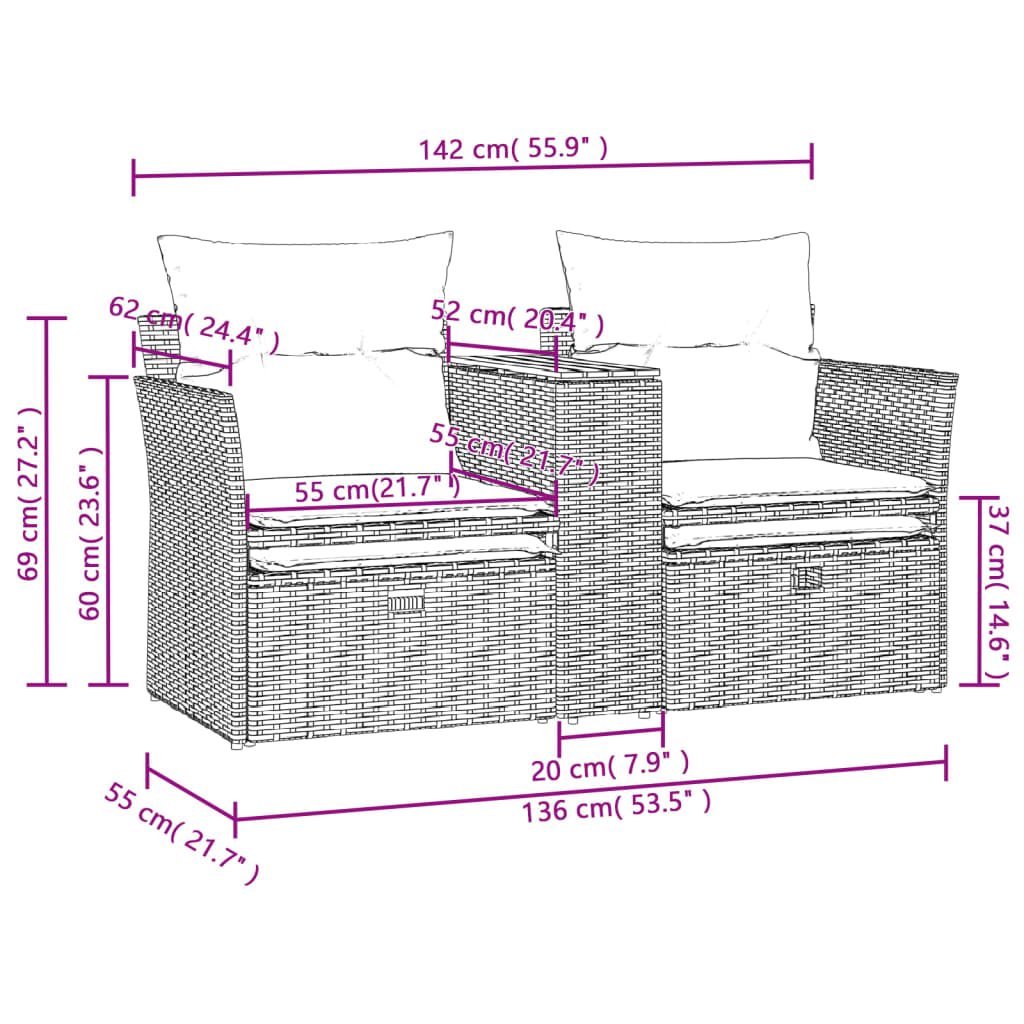 vidaXL divvietīgs dārza dīvāns ar soliem, pelēks, PE rotangpalma