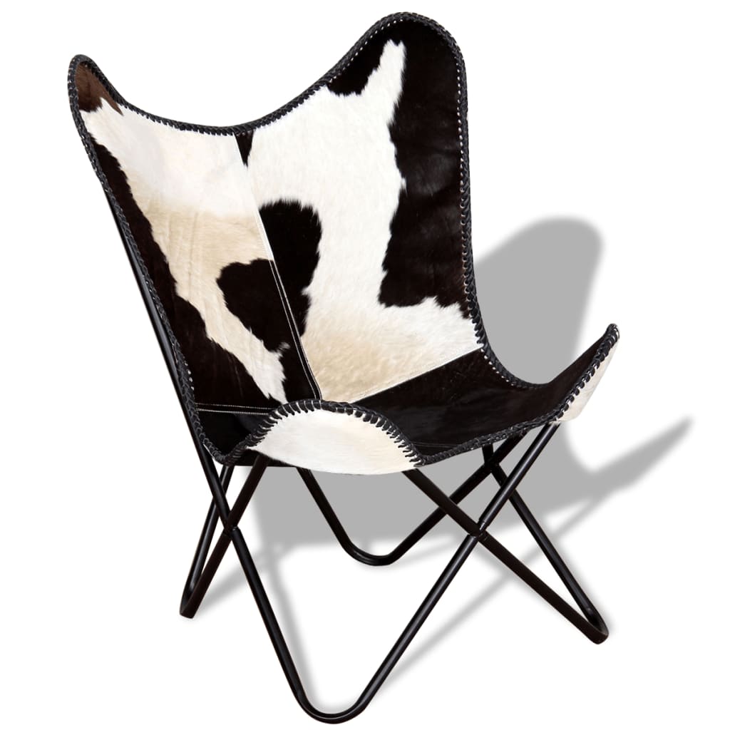 vidaXL tauriņa formas krēsls, melns un balts, dabīga govs āda