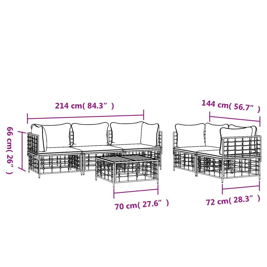 vidaXL 6-daļīgs dārza mēbeļu komplekts ar matračiem, PE rotangpalma