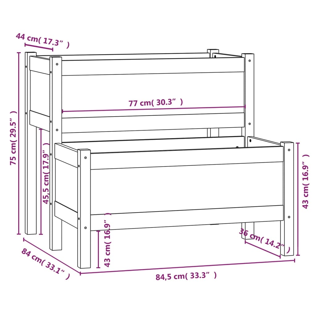 vidaXL puķu kaste, melna, 84,5x84x75 cm, priedes masīvkoks