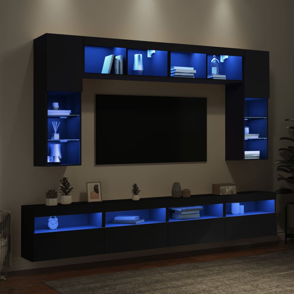 vidaXL TV sienas skapīši ar LED, 8 gab., melni