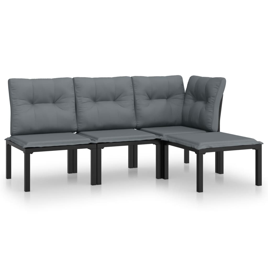 vidaXL 4-daļīgs dārza dīvānu komplekts, melns un pelēks, PE pinums