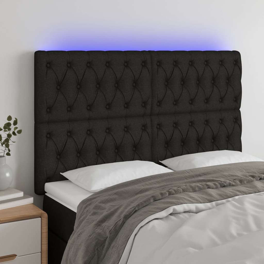 vidaXL gultas galvgalis ar LED, 144x7x118/128 cm, melns audums