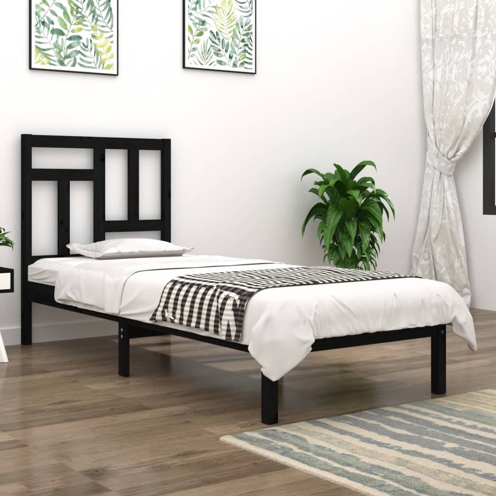 vidaXL gultas rāmis, melns priedes masīvkoks, 90x190 cm, vienvietīgs
