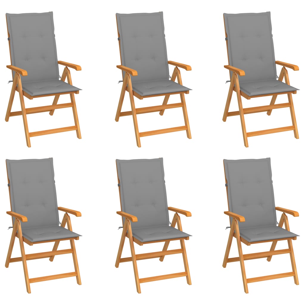 vidaXL dārza krēsli, pelēki matrači, 6 gab., masīvs tīkkoks