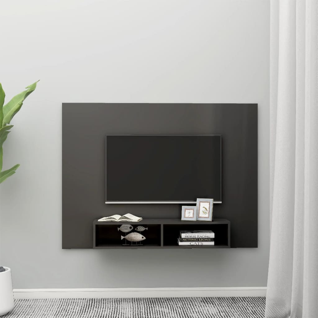vidaXL sienas TV plaukts, spīdīgi pelēks, 135x23,5x90cm, skaidu plātne