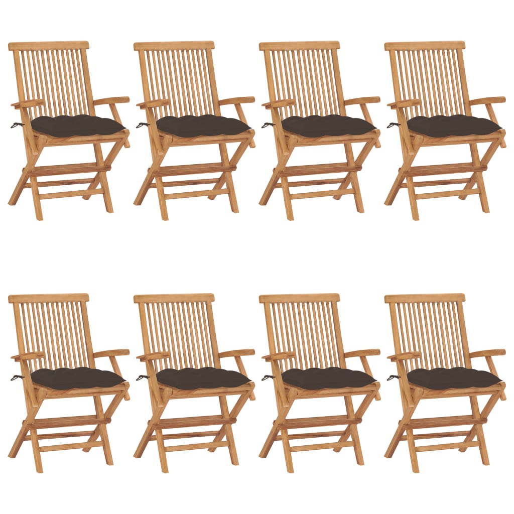 vidaXL dārza krēsli, 8 gab., pelēkbrūni matrači, masīvs tīkkoks