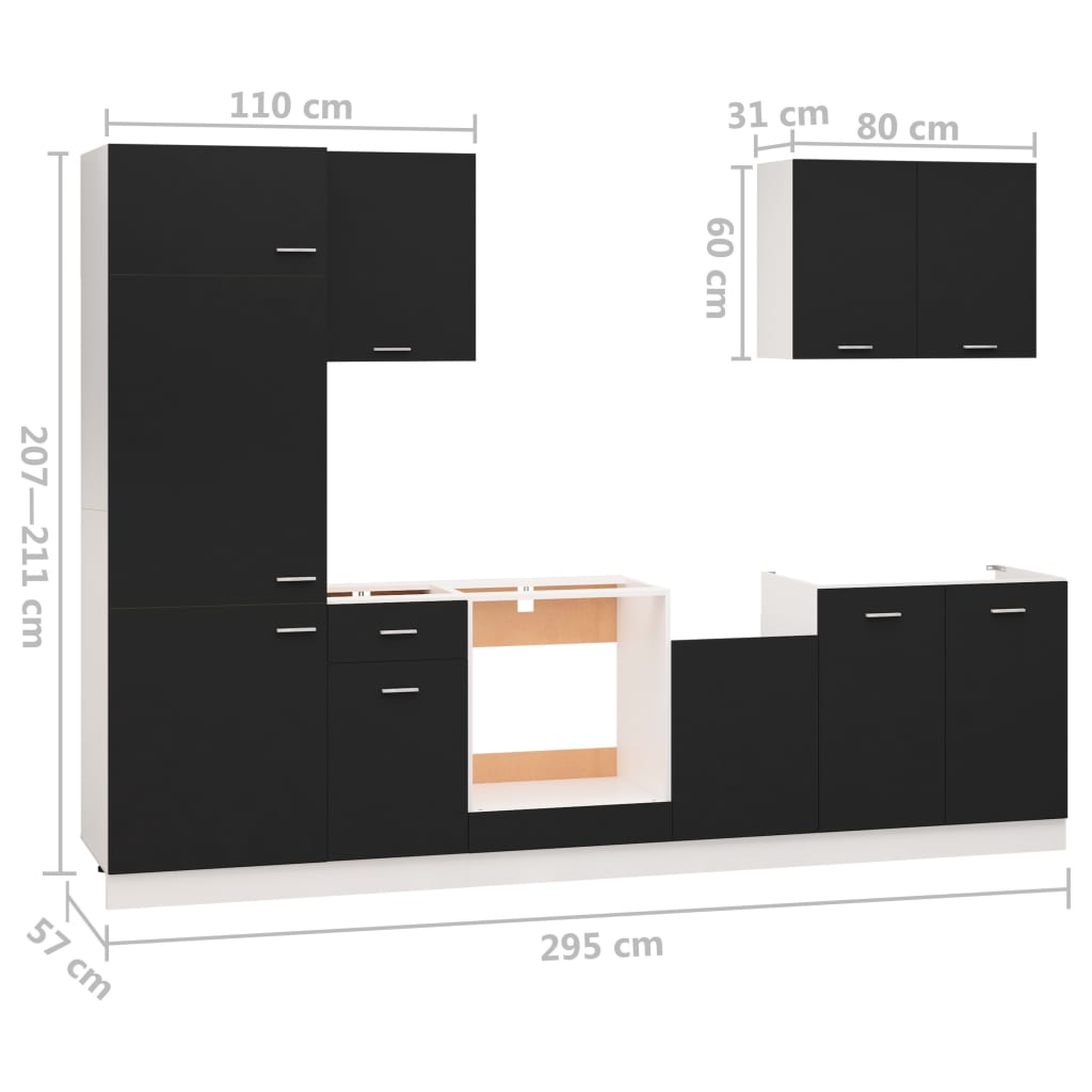 vidaXL 7-daļīgs virtuves skapīšu komplekts, melns, kokskaidu plāksne