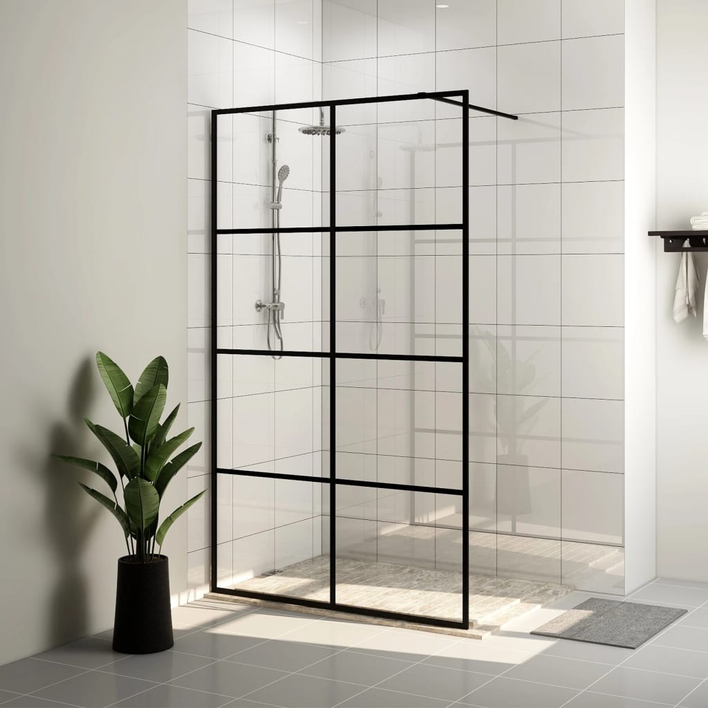 vidaXL dušas siena, caurspīdīgs ESG stikls, 90x195 cm, melna