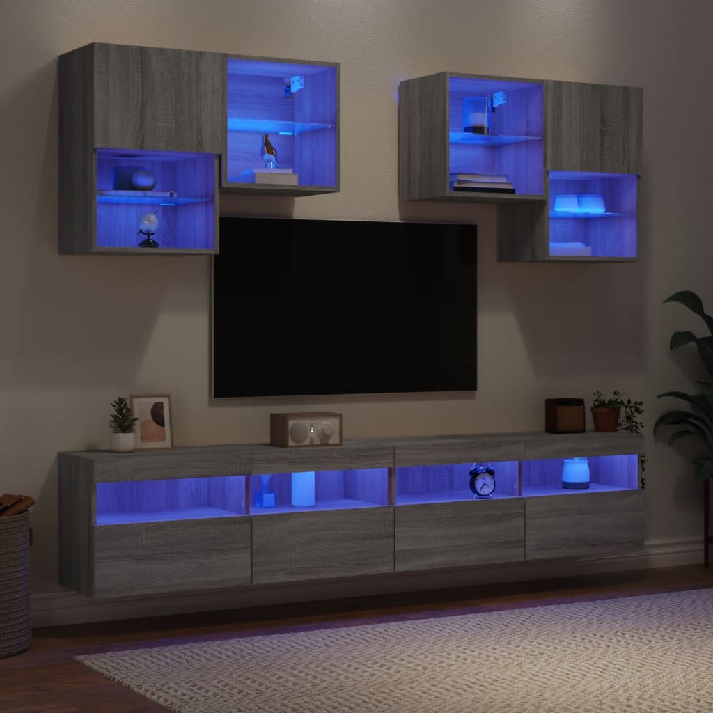 vidaXL TV sienas skapīši ar LED, 6 gab., pelēka ozola