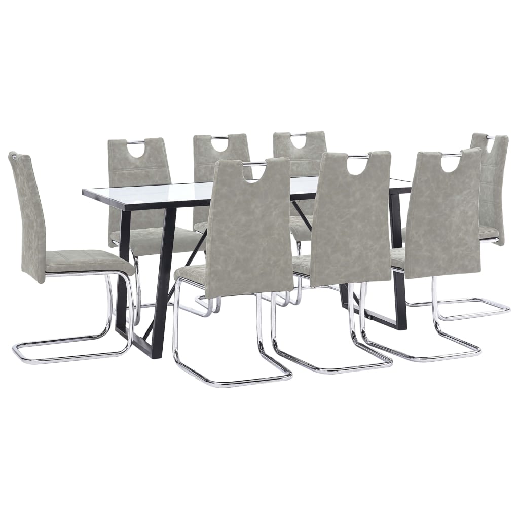 vidaXL virtuves galds un 8 krēsli, gaiši pelēka mākslīgā āda