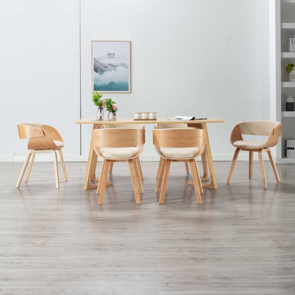 vidaXL virtuves krēsli, 6 gab., liekts koks un mākslīgā āda, krēmkrāsas
