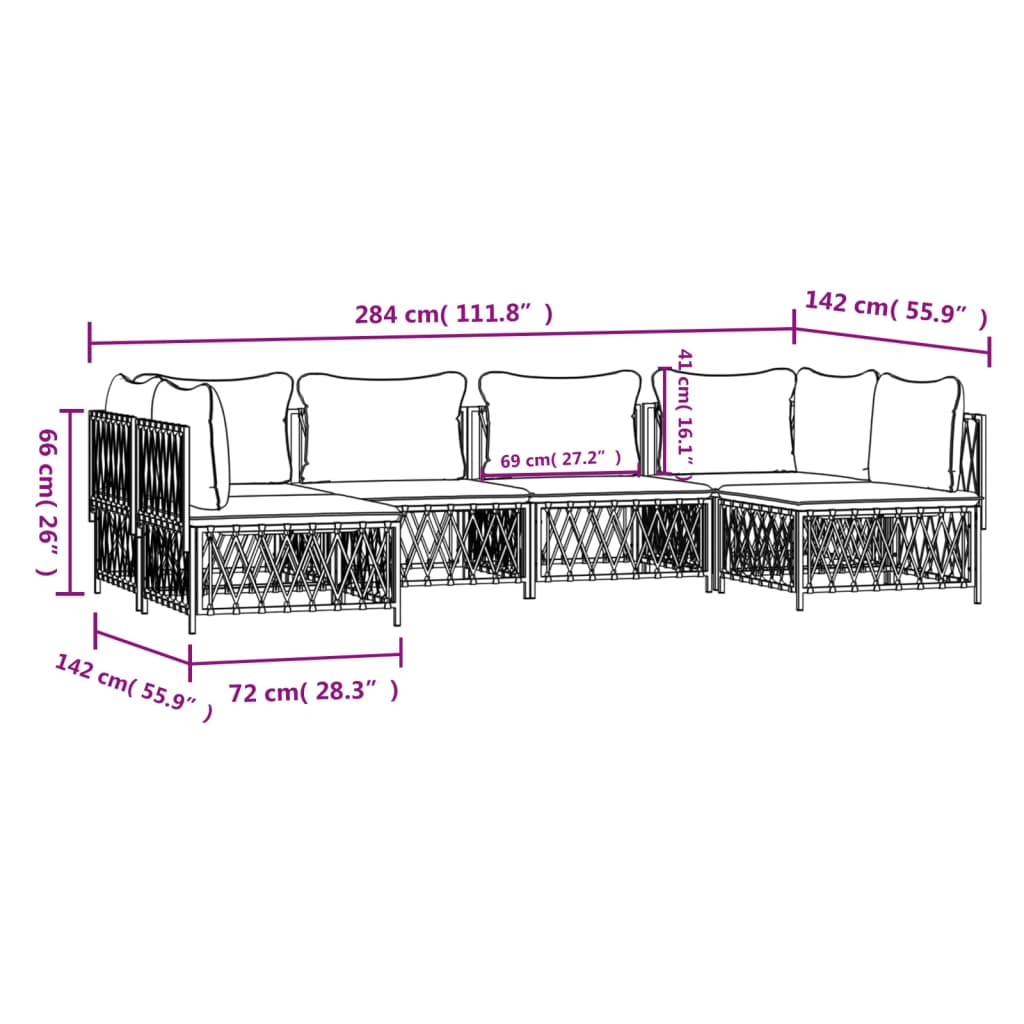 vidaXL 6-daļīgs dārza mēbeļu komplekts ar matračiem, balts tērauds