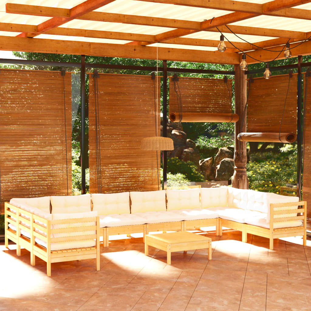 vidaXL 11-daļīgs dārza mēbeļu komplekts ar krēmkrāsas matračiem, koks