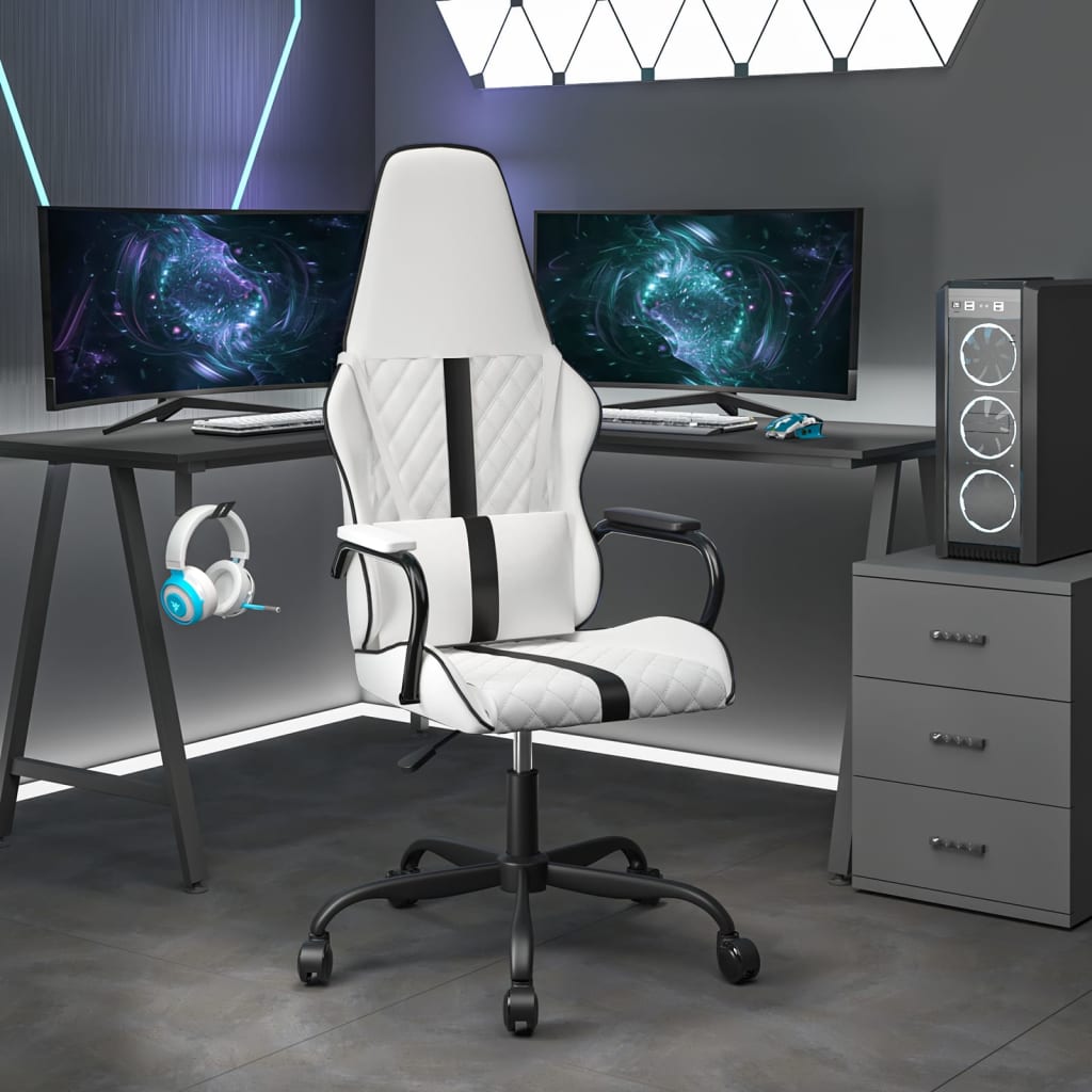 vidaXL datorspēļu krēsls, balta un melna mākslīgā āda