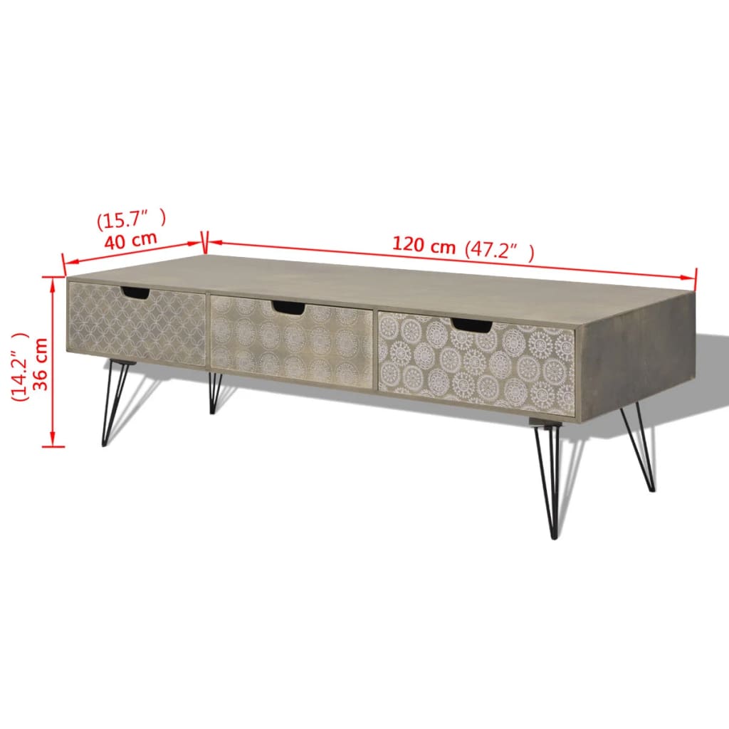 vidaXL TV galdiņš ar 3 atvilktnēm, 120x40x36 cm, pelēks