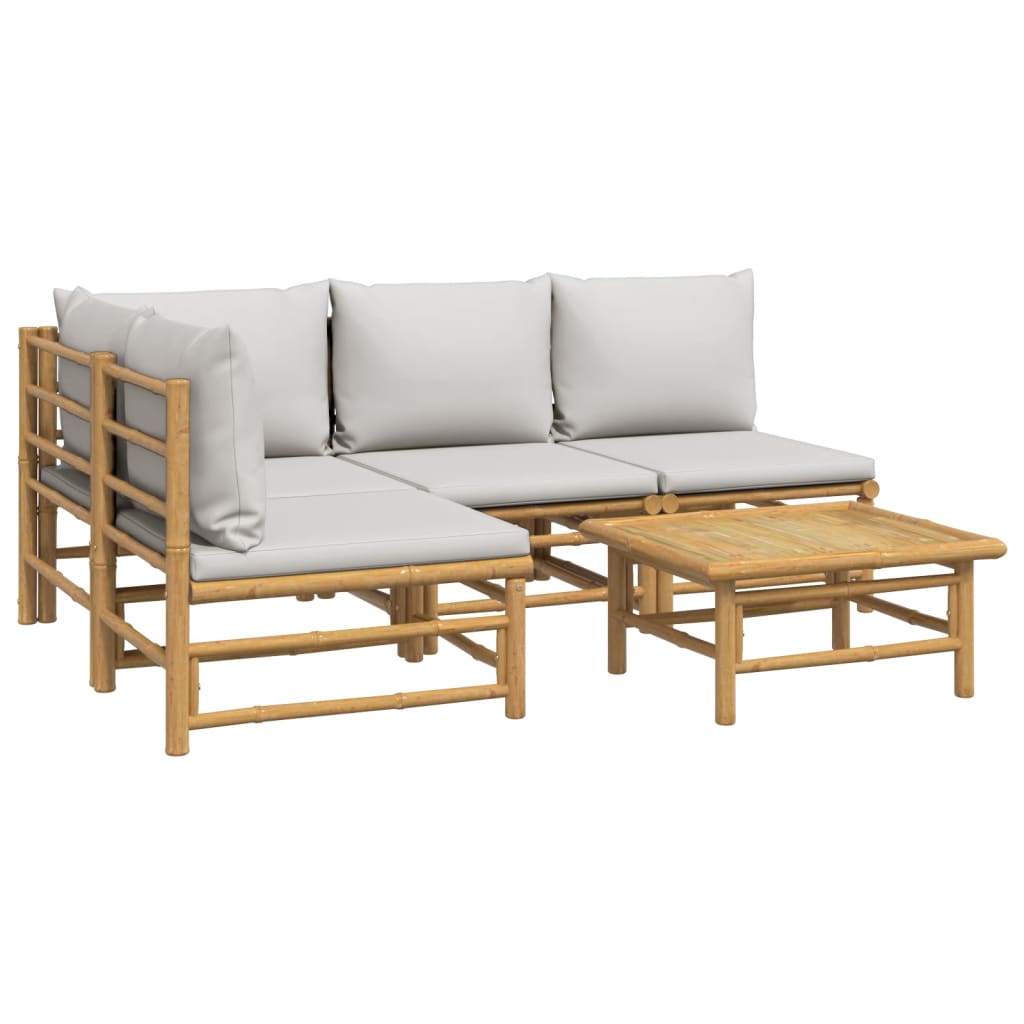 vidaXL 5-daļīgs dārza dīvānu komplekts ar pelēkiem matračiem, bambuss