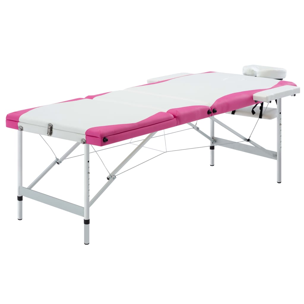 vidaXL saliekams masāžas galds, 3 daļas, alumīnijs, balts ar rozā