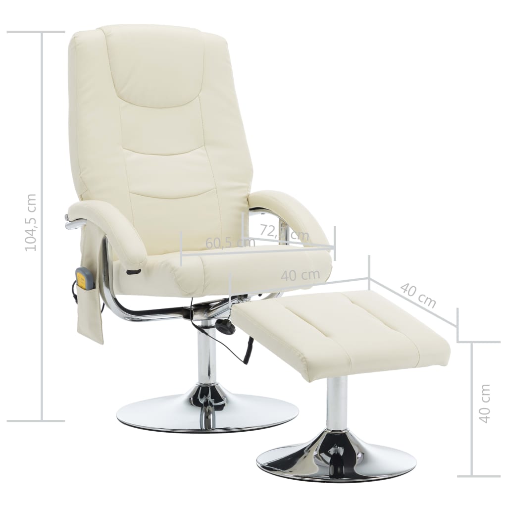 vidaXL masāžas krēsls ar kāju soliņu, atgāžams, krēmbalta mākslīgā āda